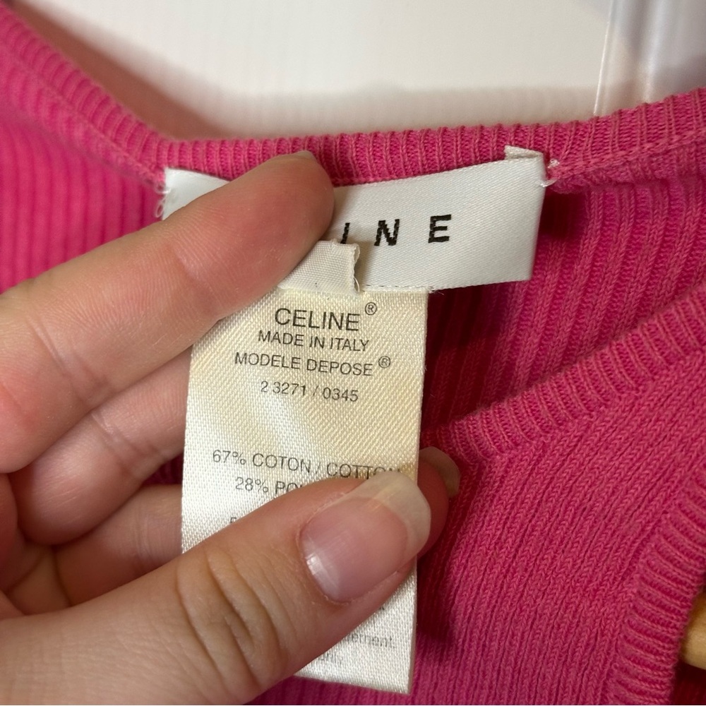 Y2K Celine Hot Pink Ribbed Cutout 3/4 Sleeve Top Sz M *Flawed*  Barbiecore Glam - Picture 9 of 10